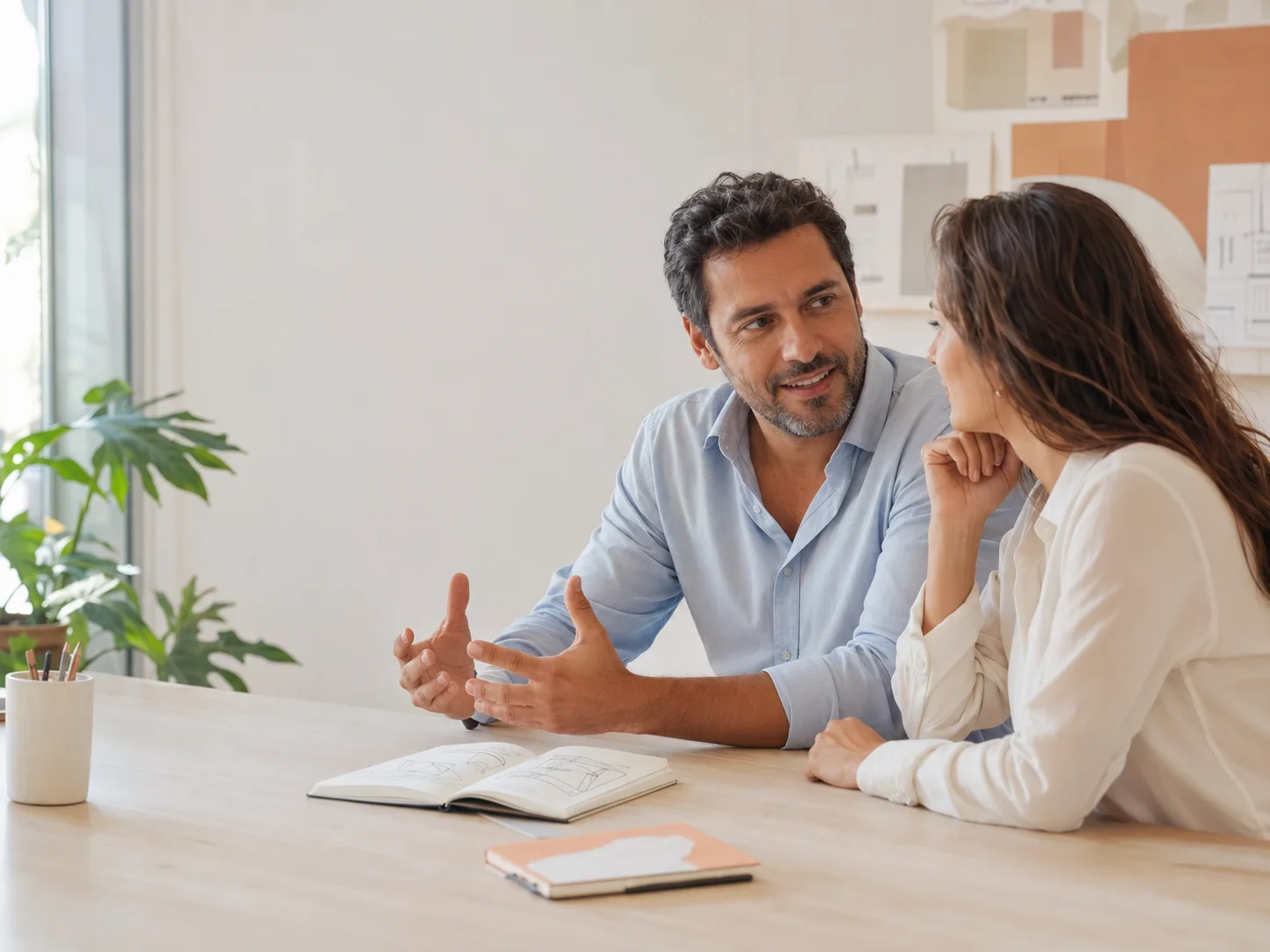Empreendedor e estrategista conversando sobre uma nova ideia